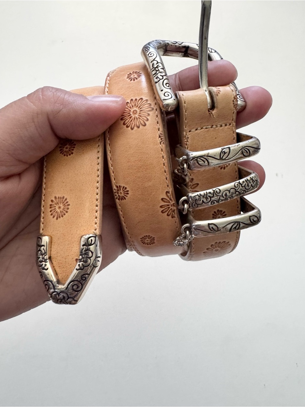 Brighton  Tan Floral Leather Charm Belt with Silver Floral Buckle size M 30